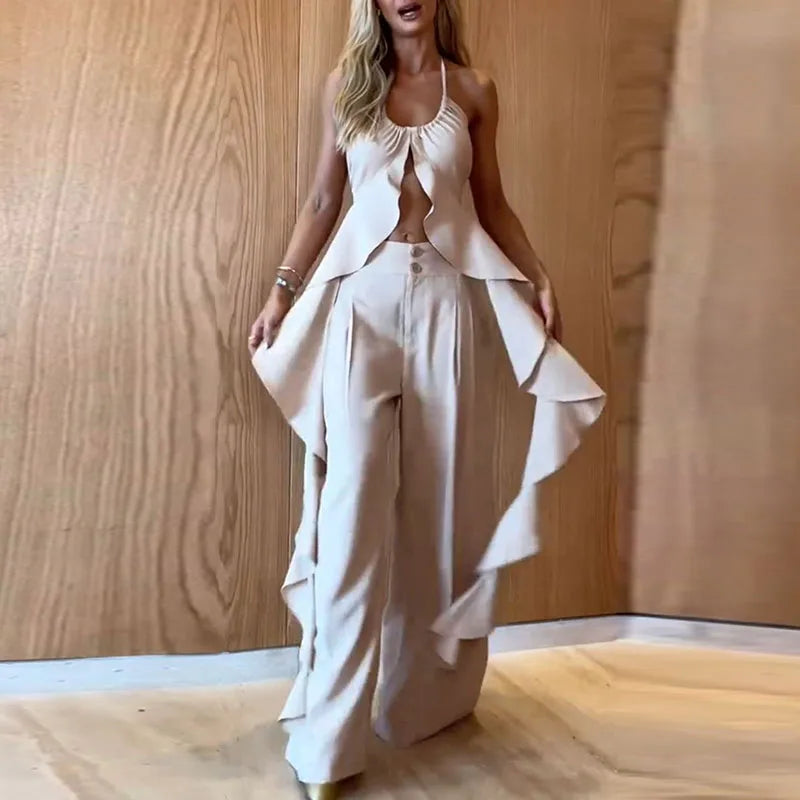 antmvs- Spring Summer Hollow Ruffle Suits Sexy U-neck Backless Lace-up Top and Button Pants Outfits Women Sleeveless Two Piece Sets