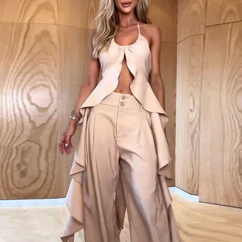 antmvs- Spring Summer Hollow Ruffle Suits Sexy U-neck Backless Lace-up Top and Button Pants Outfits Women Sleeveless Two Piece Sets