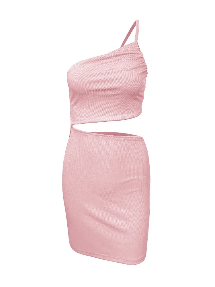 antmvs-Sexy Off One Shoulder Waist Hollow Out Slim Bodycon Dress Women Drawstring Tie Backless Rib Knitted Dress Club Party Vestidos