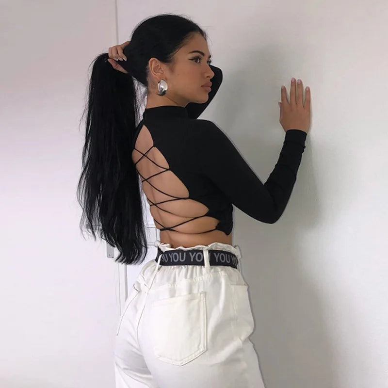 antmvs-Sexy Cross Bandage Backless Bare Midriff Short T Shirt Women Long Sleeves Bottoming Shirt Ladies Tee Shirt Tops Camisetas Mujer