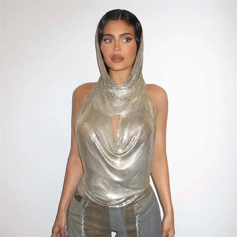 antmvs-Sexy with Hat Pile Collar Backless Silvery T Shirt Women Sleeveless Bottoming Shirt Ladies Tee Shirt Tops Camisetas Mujer