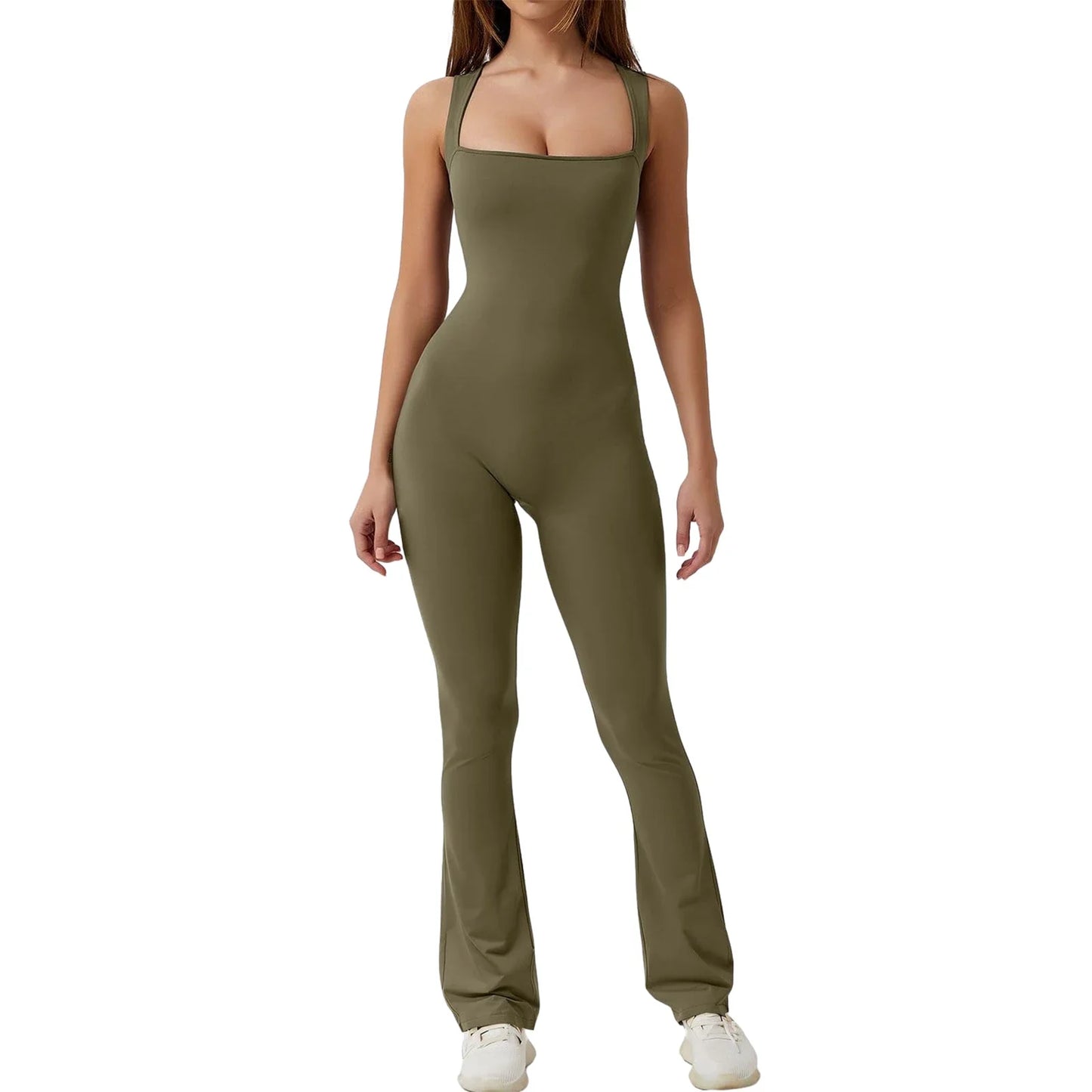 antmvs-Women's Full-Length Tank Slim and Sexy Jumpsuit Solid Color Long Sleeve Low Cut Square Neck Bodycon Romper for Yoga