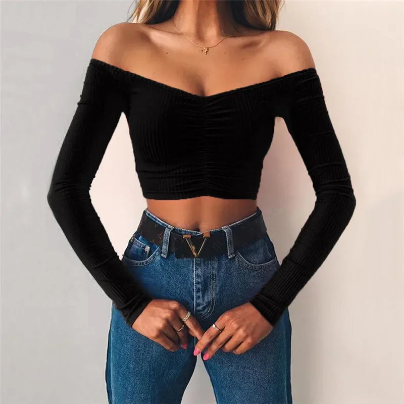 antmvs-Sexy Off Shoulder Bare Midriff Folds Rib T Shirt Women Long Sleeves Slash Neck Short Tshirt Ladies Tee Shirt Camisetas Mujer