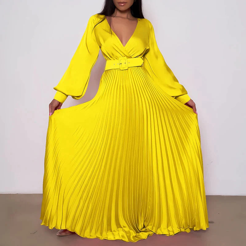 antmvs-Women Sexy Deep V-neck Swing Pleated Long Dress Spring High Waist Tie-up Belted Maxi Dress Autumn Long Sleeve Boho Party Dresses