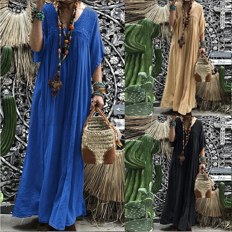 antmvs-Sexy V-neck Hollow Lace Long Party Dress Women Spring Casual High Waist Loose Boho Dress Summer Short Sleeve Female Maxi Dresses
