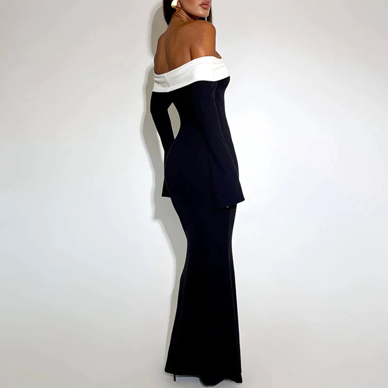 antmvs-Women Slash Neck Draped Knitting Pullover Dress Spring Off Shoulder Patchwork Long Dress Autumn Sexy Backless Hollow Party Dress