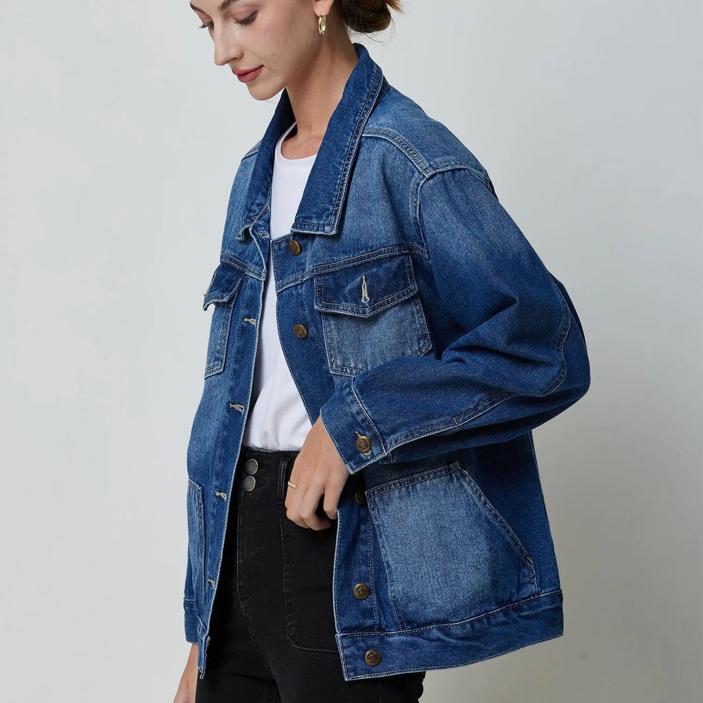 antmvs-New Spring Autumn Single-breasted Womens Denim Jacket Coat Loose Long Sleeve Tops Casual Jean Coats Female Outerwear
