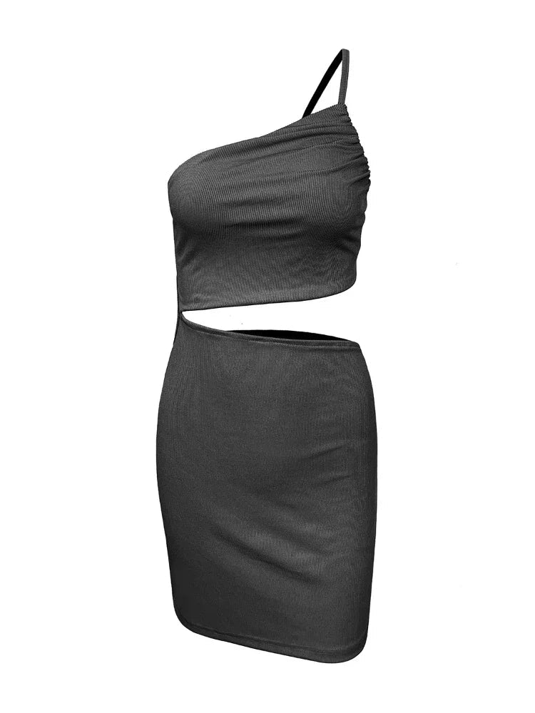antmvs-Sexy Off One Shoulder Waist Hollow Out Slim Bodycon Dress Women Drawstring Tie Backless Rib Knitted Dress Club Party Vestidos