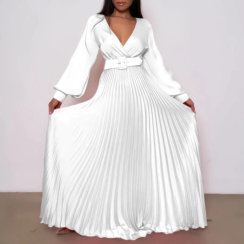antmvs-Women Sexy Deep V-neck Swing Pleated Long Dress Spring High Waist Tie-up Belted Maxi Dress Autumn Long Sleeve Boho Party Dresses