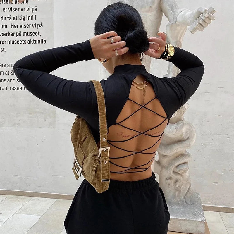 antmvs-Sexy Cross Bandage Backless Bare Midriff Short T Shirt Women Long Sleeves Bottoming Shirt Ladies Tee Shirt Tops Camisetas Mujer