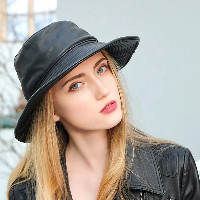 antmvs- New Spring/Winter Japanese Women Genuine Leather Bucket Hats Men/Women Black Fisherman Caps Easy Carry Street Bonnet