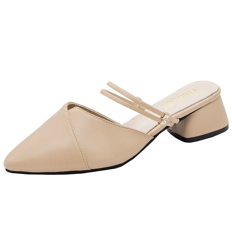 antmvs Party Women Mules Slipper Pointed Toe Block Strap Closed Shallow High Heels Shoes Sandals Black Beige Square heel Pumps