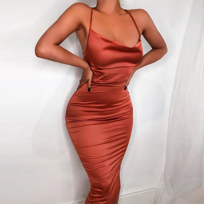 antmvs-Neon Satin Lace Up Women's Long Midi Dress Light Pink Bodycon Backless Elegant Party Sexy Club Clothes Summer Dinner Outfit