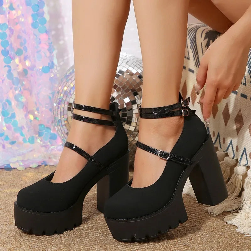 Pink Chunky Heeled Ankle Strap Pumps Sweet Platform Square Heel Woman High Heels Pumps Platform Shoes Spring Woman Shoes