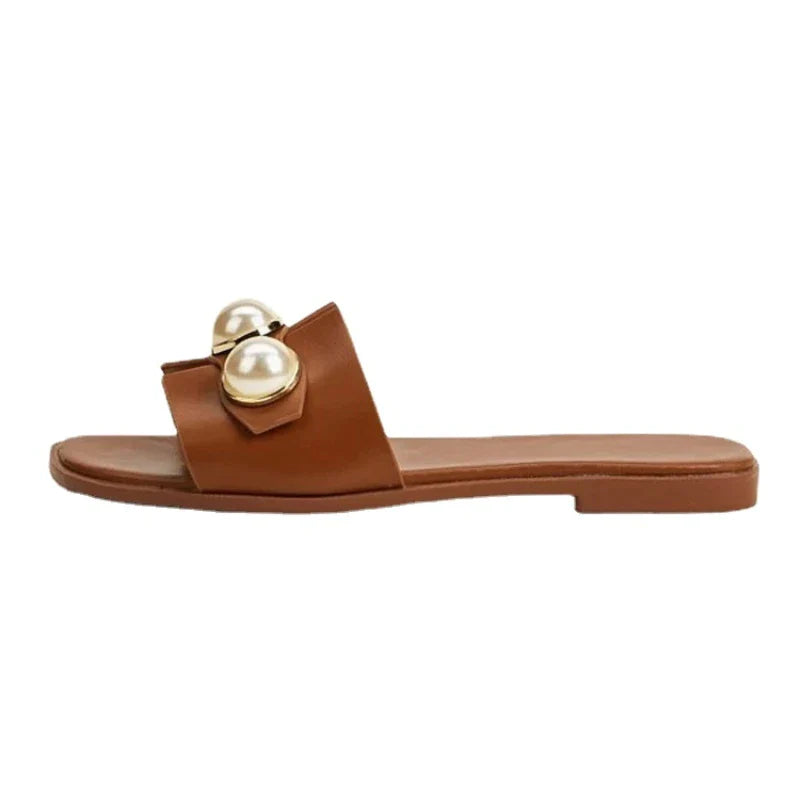 antmvs-New Women's Slippers Fashion Casual Pearl Solid Color Flats Simple Outdoor Comfort Soft Sole Beach Sandals Sandalias Femininas