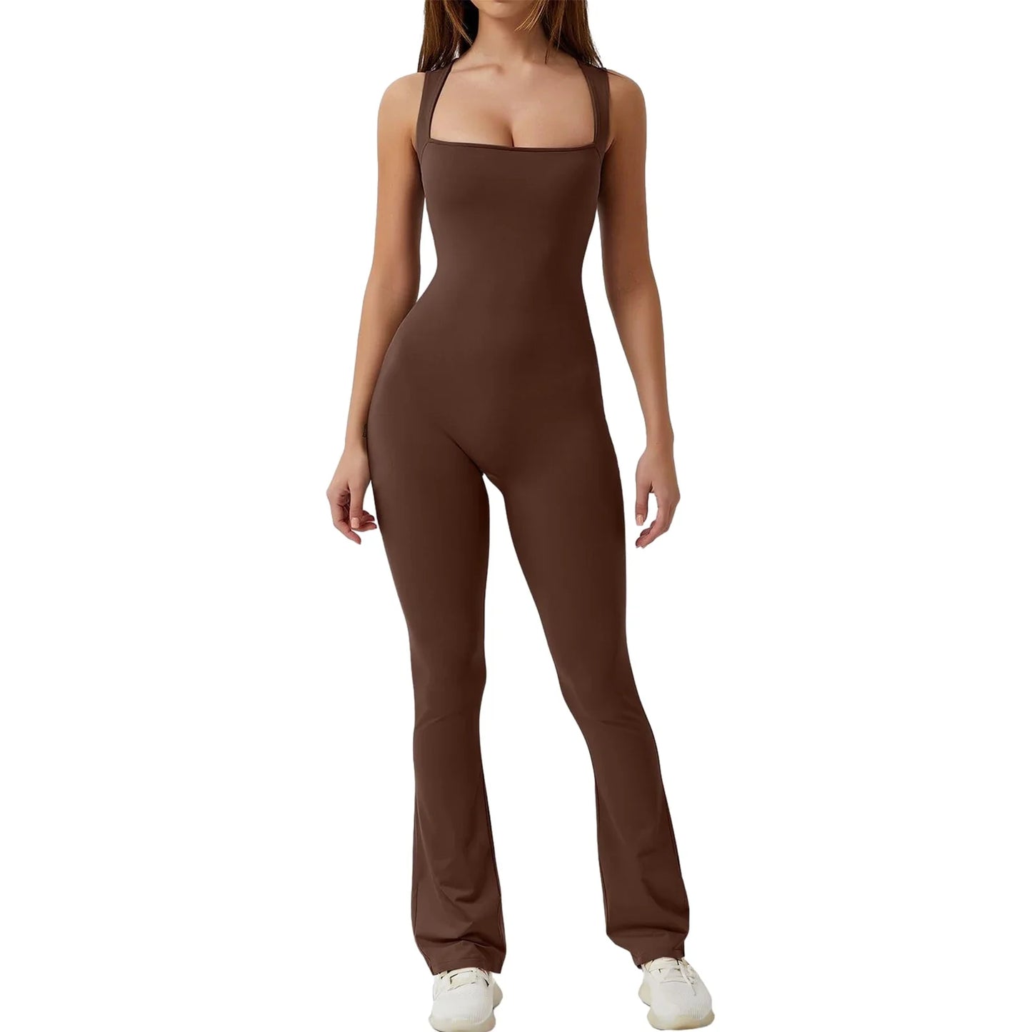antmvs-Women's Full-Length Tank Slim and Sexy Jumpsuit Solid Color Long Sleeve Low Cut Square Neck Bodycon Romper for Yoga