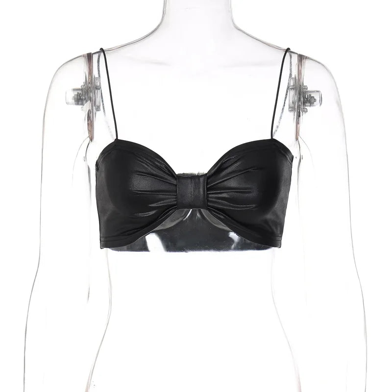 antmvs-Sexy Bow Tie Shape Bare Midriff PU Halter Crop Tops Women Bustier Tank Top Backless Camisole Female Sleeveless Cropped Vest