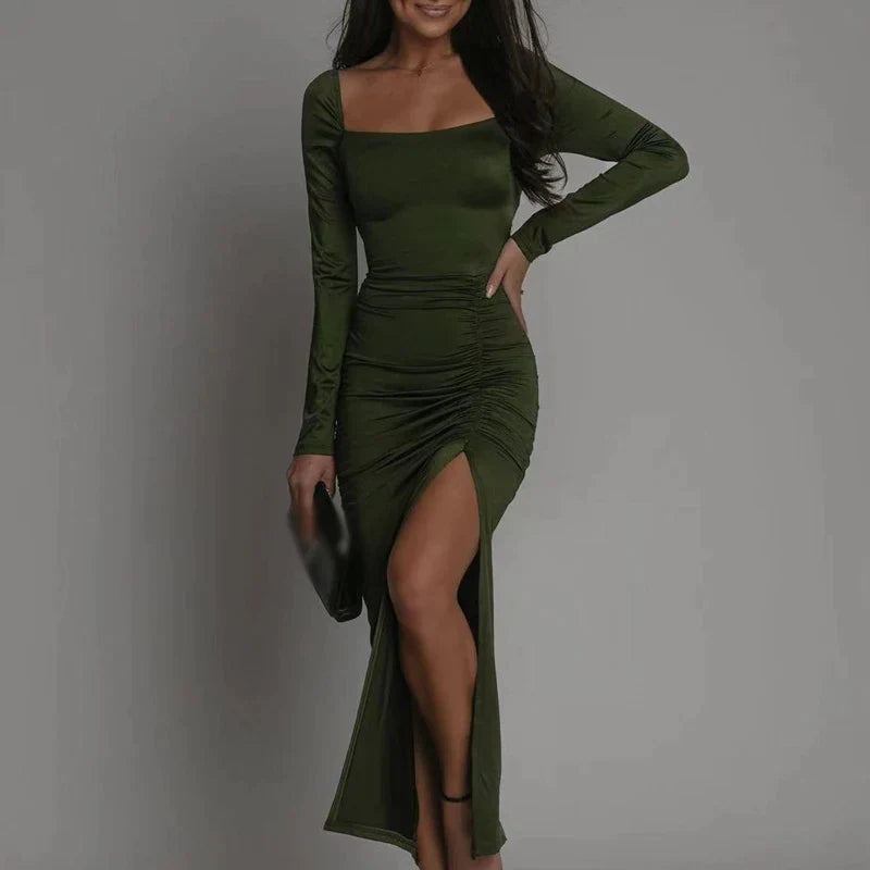 antmvs-Sexy Cross Lace-up Backless Party Dress Women Elegant Square Collar Split Long Dress New Spring Fall Long Sleeve Slim Hips Dress