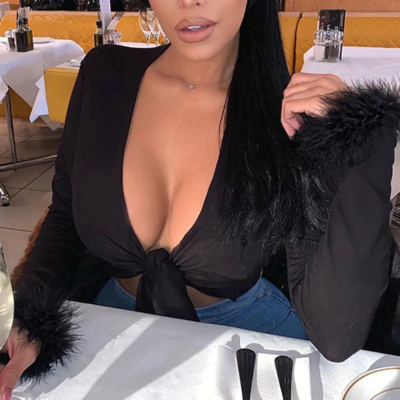 antmvs-Sexy Bandage Wrap Chest V Neck Bare Midriff Short T Shirt Women Fluffy Long Sleeves Bottoming Shirt Ladies T Shirt Tops Mujer
