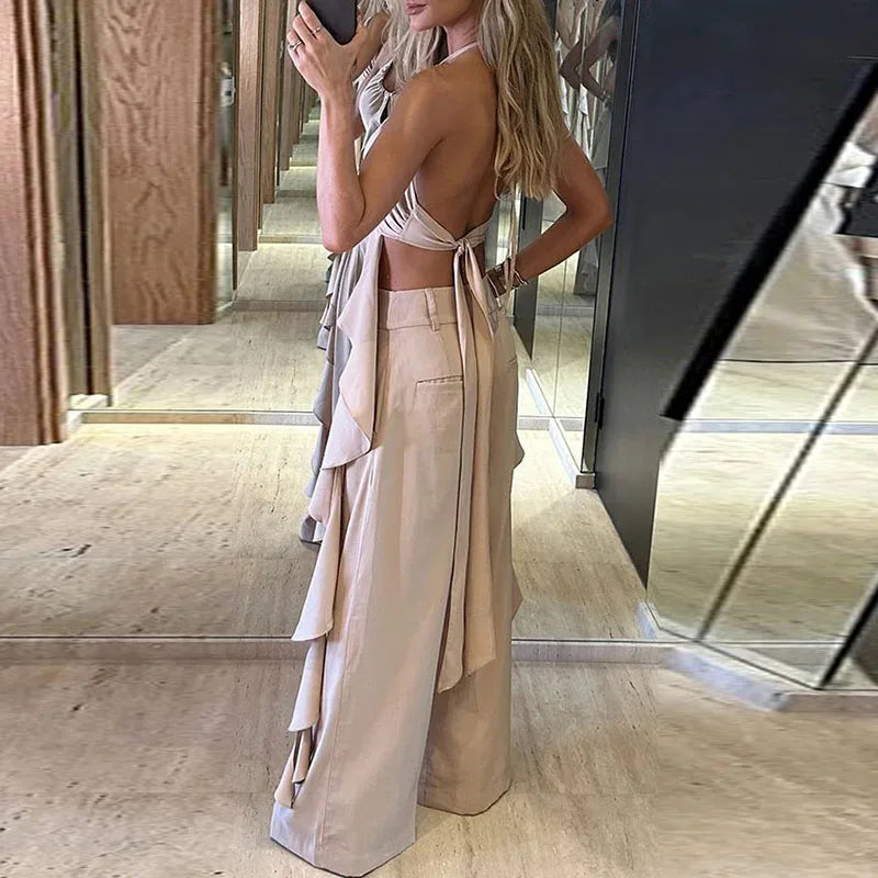 antmvs- Spring Summer Hollow Ruffle Suits Sexy U-neck Backless Lace-up Top and Button Pants Outfits Women Sleeveless Two Piece Sets