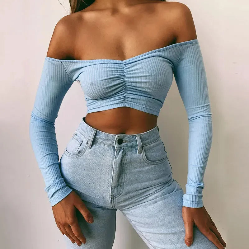 antmvs-Sexy Off Shoulder Bare Midriff Folds Rib T Shirt Women Long Sleeves Slash Neck Short Tshirt Ladies Tee Shirt Camisetas Mujer
