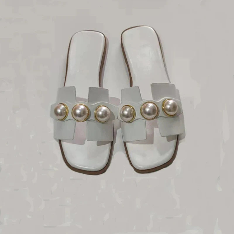 antmvs-New Women's Slippers Fashion Casual Pearl Solid Color Flats Simple Outdoor Comfort Soft Sole Beach Sandals Sandalias Femininas