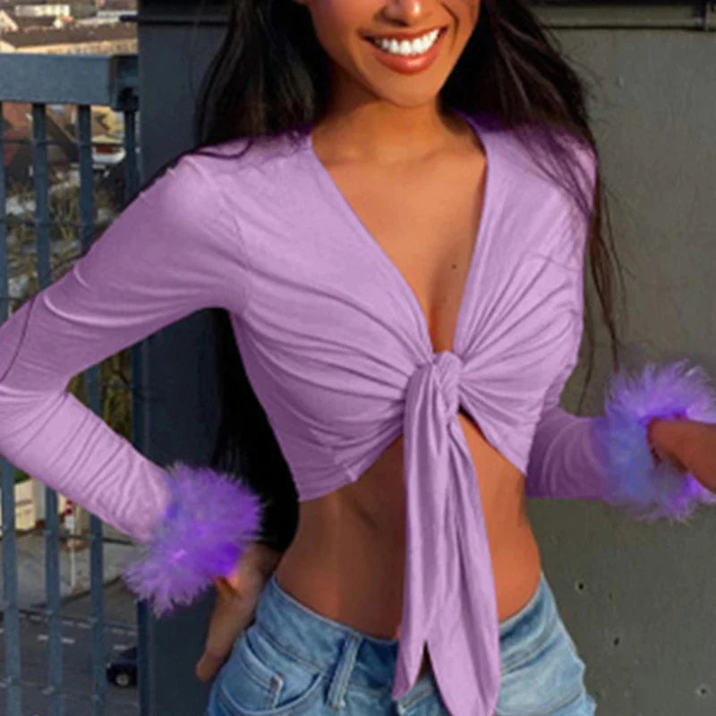 antmvs-Sexy Bandage Wrap Chest V Neck Bare Midriff Short T Shirt Women Fluffy Long Sleeves Bottoming Shirt Ladies T Shirt Tops Mujer