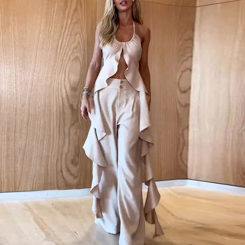 antmvs- Spring Summer Hollow Ruffle Suits Sexy U-neck Backless Lace-up Top and Button Pants Outfits Women Sleeveless Two Piece Sets
