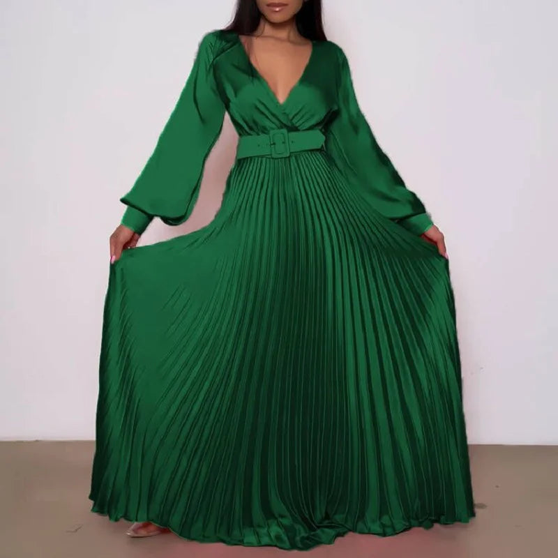 antmvs-Women Sexy Deep V-neck Swing Pleated Long Dress Spring High Waist Tie-up Belted Maxi Dress Autumn Long Sleeve Boho Party Dresses