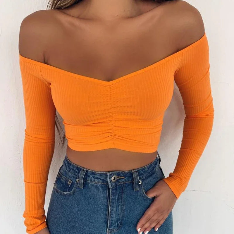 antmvs-Sexy Off Shoulder Bare Midriff Folds Rib T Shirt Women Long Sleeves Slash Neck Short Tshirt Ladies Tee Shirt Camisetas Mujer