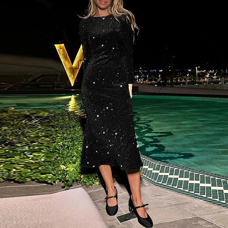 antmvs-Women Dress Sexy Shiny Glitter Sequin Long Party Dress Spring Autumn O-neck Long Sleeve Slim Bodycon Maxi Dresses Vestidos