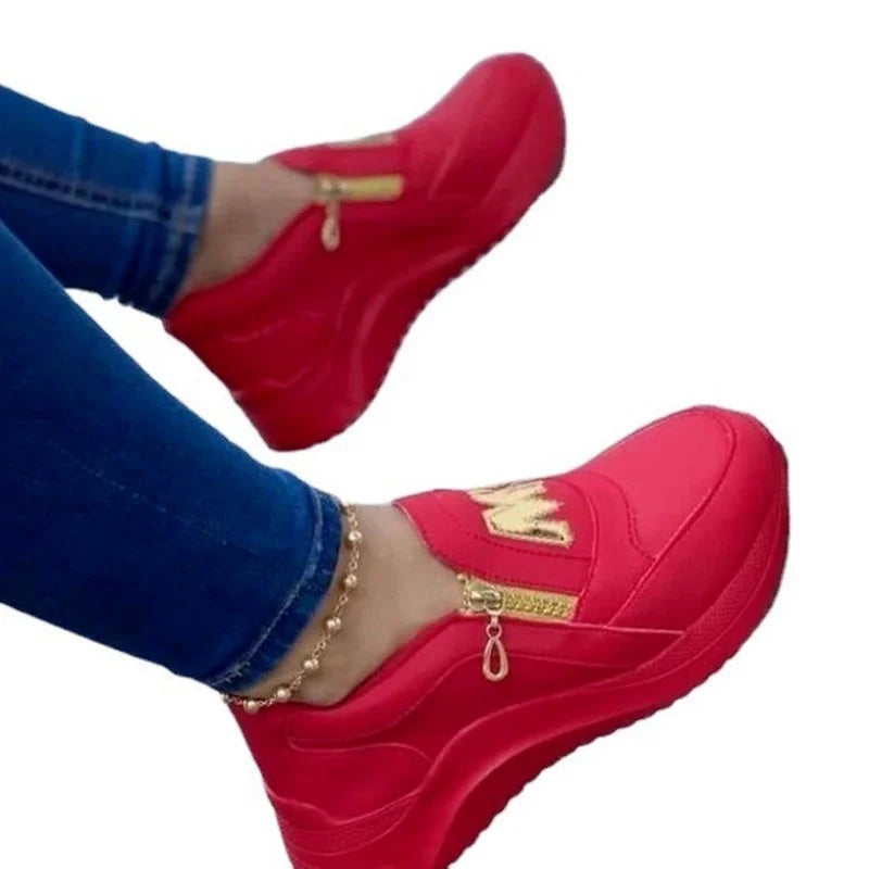 antmvs-Women Sport Shoes Thick Bottom Solid Color Ladies Vulcanized Sneakers Casual Wedge Walking Shoes Slip On Zipper Women Shoes