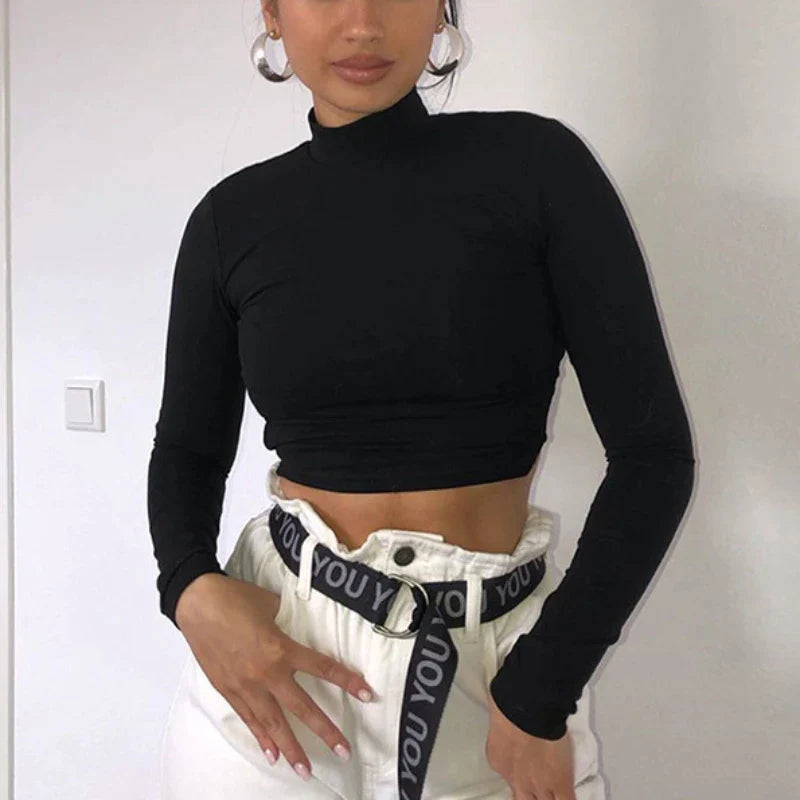 antmvs-Sexy Cross Bandage Backless Bare Midriff Short T Shirt Women Long Sleeves Bottoming Shirt Ladies Tee Shirt Tops Camisetas Mujer