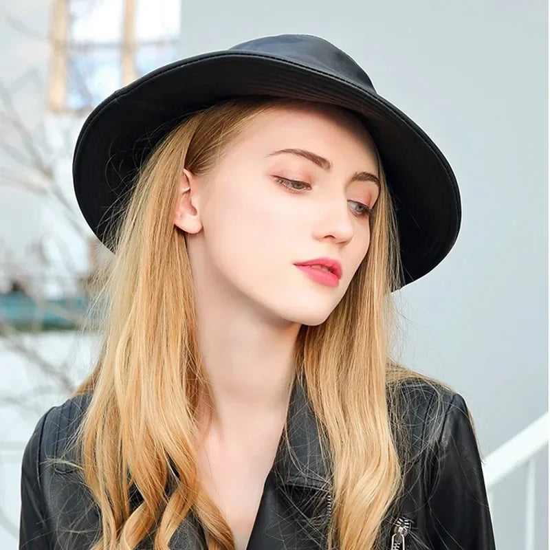 antmvs- New Spring/Winter Japanese Women Genuine Leather Bucket Hats Men/Women Black Fisherman Caps Easy Carry Street Bonnet