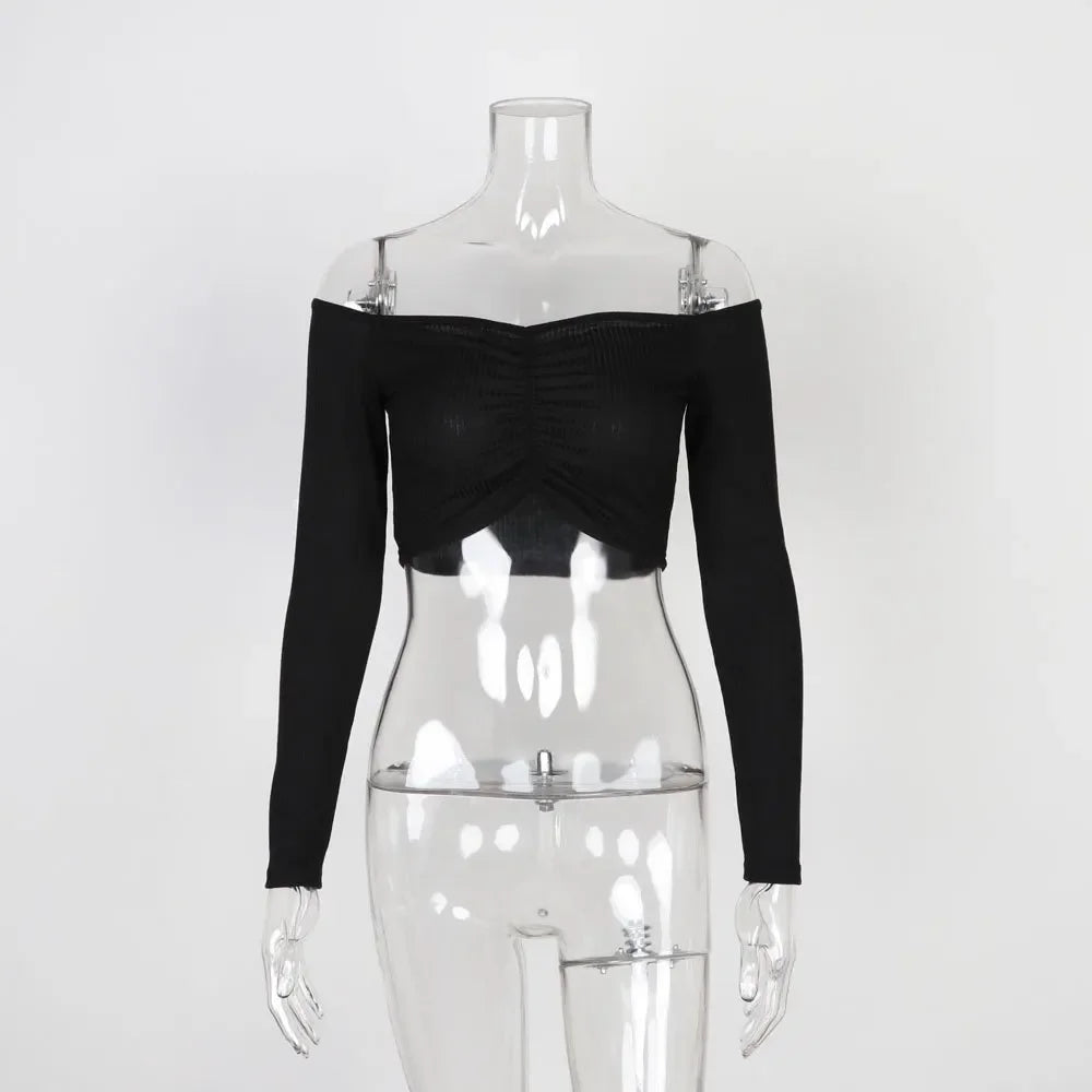 antmvs-Sexy Off Shoulder Bare Midriff Folds Rib T Shirt Women Long Sleeves Slash Neck Short Tshirt Ladies Tee Shirt Camisetas Mujer