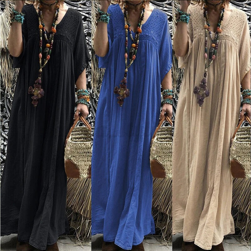 antmvs-Sexy V-neck Hollow Lace Long Party Dress Women Spring Casual High Waist Loose Boho Dress Summer Short Sleeve Female Maxi Dresses