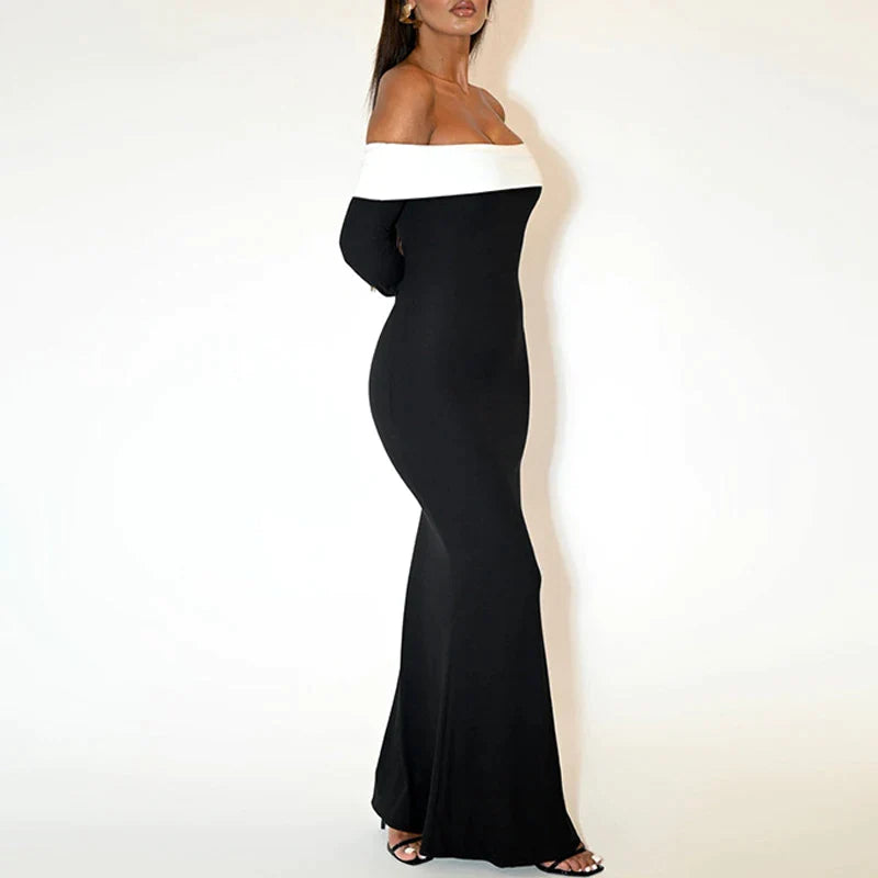 antmvs-Women Slash Neck Draped Knitting Pullover Dress Spring Off Shoulder Patchwork Long Dress Autumn Sexy Backless Hollow Party Dress