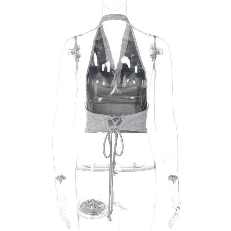 antmvs-Sexy Tank Top Shiny Silver Silk Reflective Halter Crop Tops Women Bandage Backless Camisole Female Sleeveless Cropped Vest