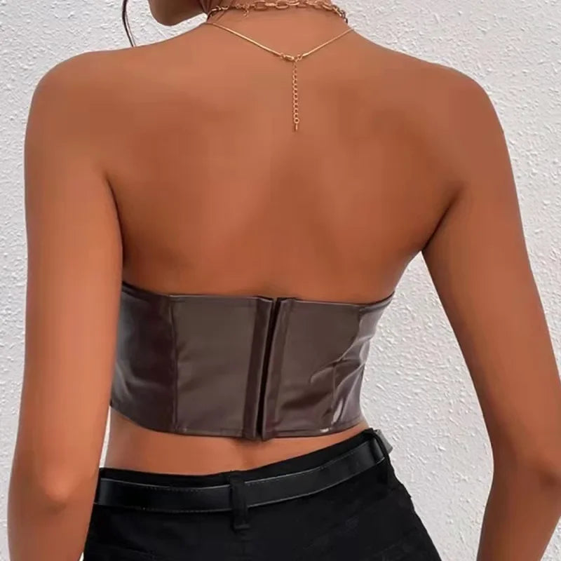 antmvs-Sexy Tank Top Glossy PU Leather Halter Crop Tops Women Wrap Chest Bare Midriff Camisole Sleeveless Tube Top Female Cropped Vest