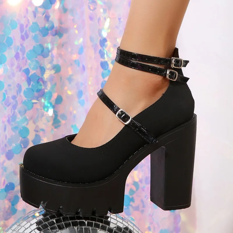 Pink Chunky Heeled Ankle Strap Pumps Sweet Platform Square Heel Woman High Heels Pumps Platform Shoes Spring Woman Shoes