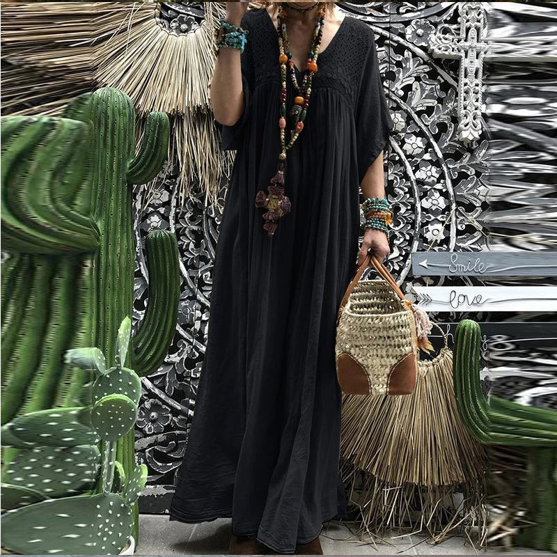 antmvs-Sexy V-neck Hollow Lace Long Party Dress Women Spring Casual High Waist Loose Boho Dress Summer Short Sleeve Female Maxi Dresses