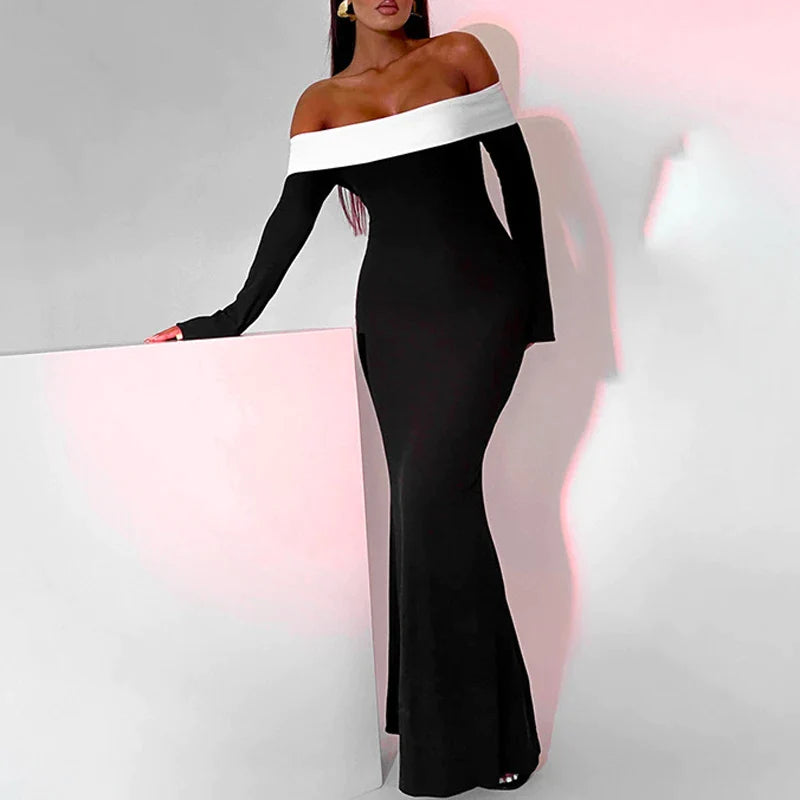 antmvs-Women Slash Neck Draped Knitting Pullover Dress Spring Off Shoulder Patchwork Long Dress Autumn Sexy Backless Hollow Party Dress