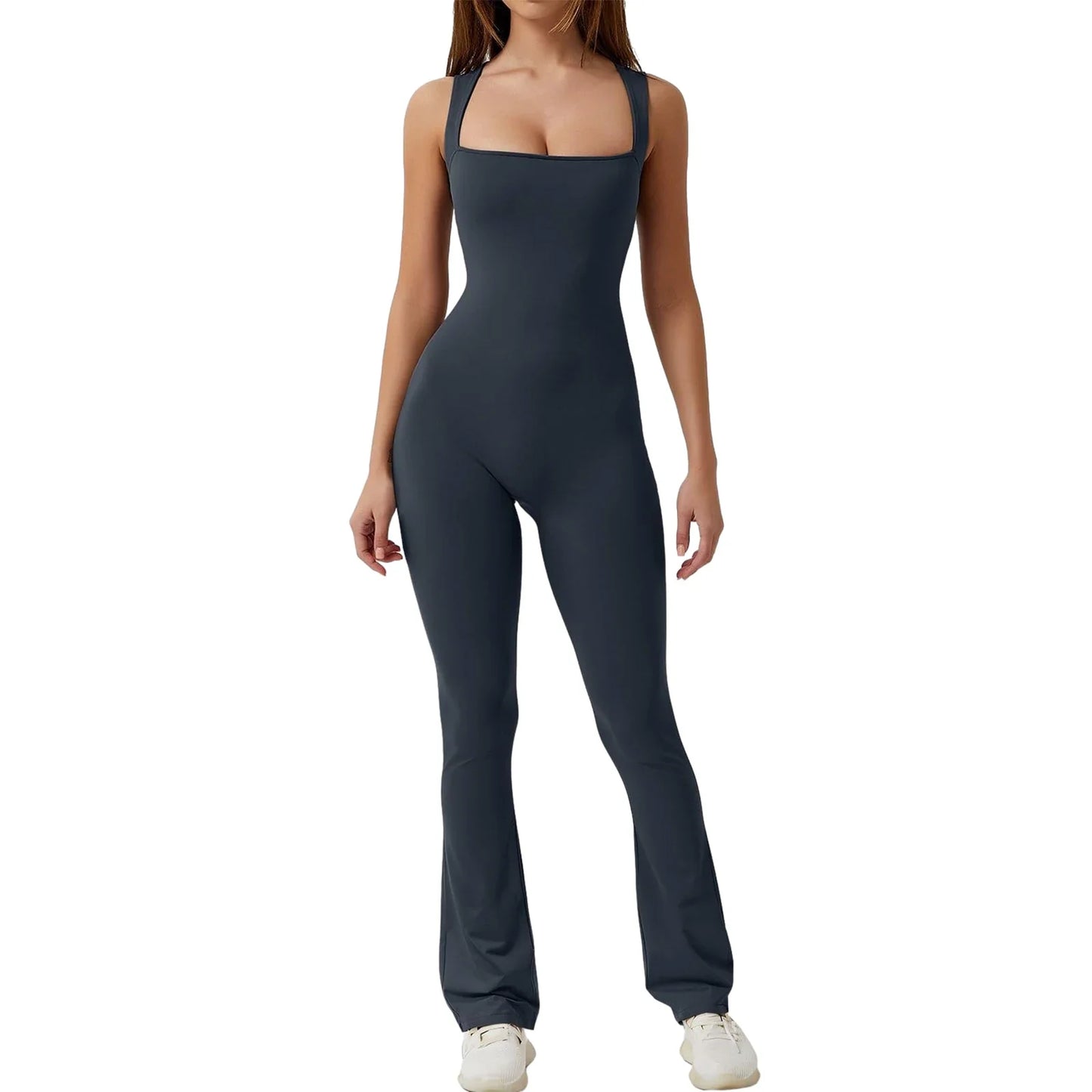 antmvs-Women's Full-Length Tank Slim and Sexy Jumpsuit Solid Color Long Sleeve Low Cut Square Neck Bodycon Romper for Yoga