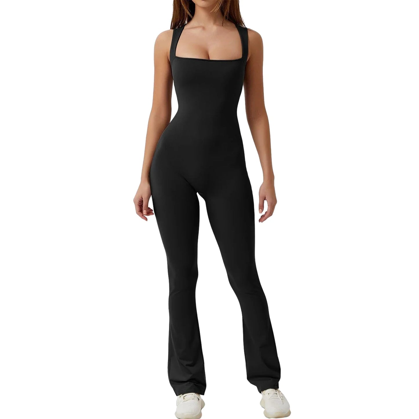 antmvs-Women's Full-Length Tank Slim and Sexy Jumpsuit Solid Color Long Sleeve Low Cut Square Neck Bodycon Romper for Yoga