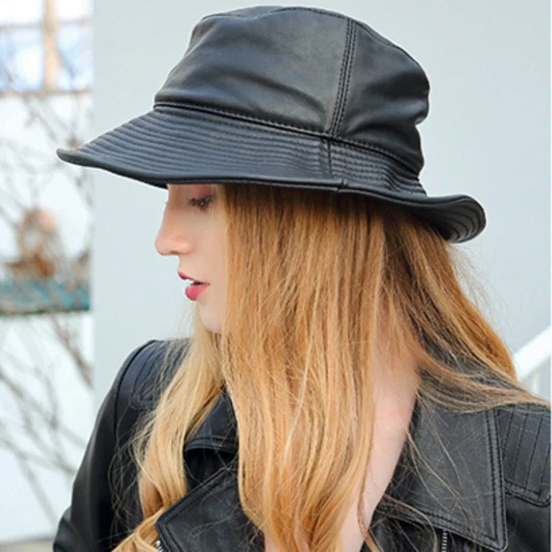 antmvs- New Spring/Winter Japanese Women Genuine Leather Bucket Hats Men/Women Black Fisherman Caps Easy Carry Street Bonnet