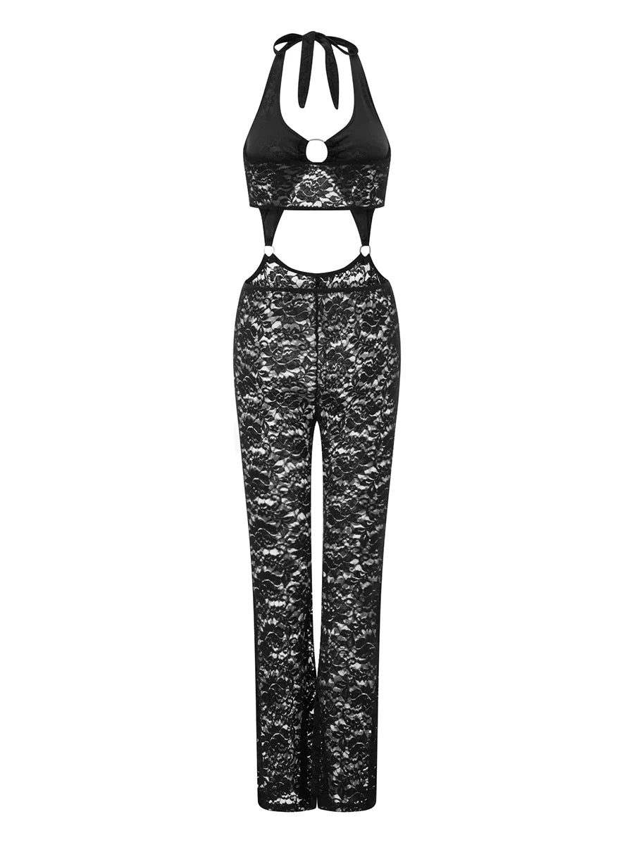 antmvs-Women's Summer Romper Sleeveless Halter Metal Ring Front Lace Jumpsuit Pants Flare Playsuit Internet celebrity circular jumpsuit