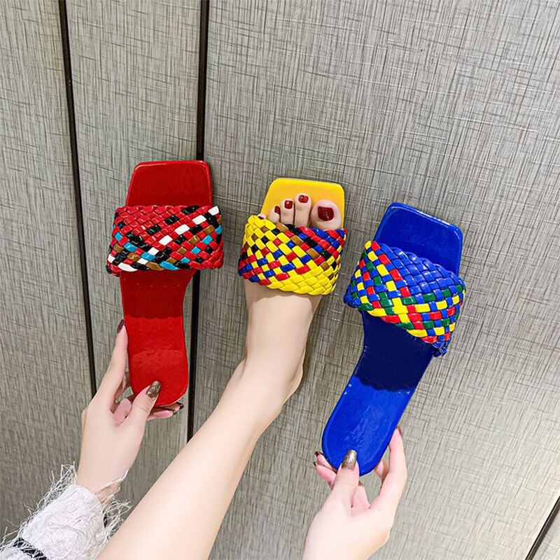 antmvs New Fashion Weave Slippers Women Square Toe Flat Casual Shoes Women Slide Summer Flip Flops Beach Sandal Slipper Big Size42