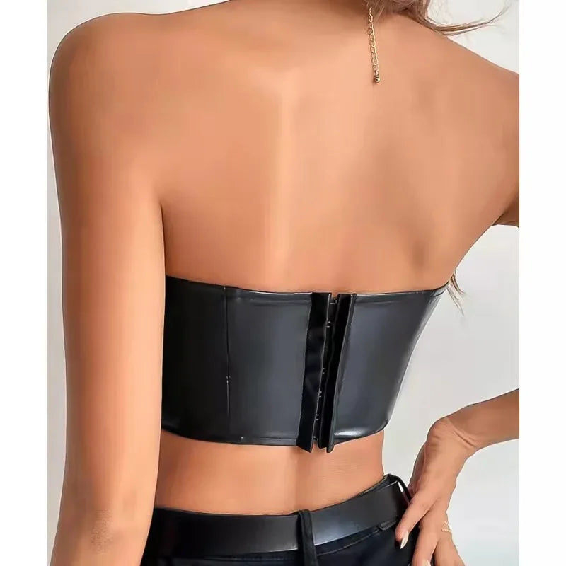 antmvs-Sexy Tank Top Glossy PU Leather Halter Crop Tops Women Wrap Chest Bare Midriff Camisole Sleeveless Tube Top Female Cropped Vest