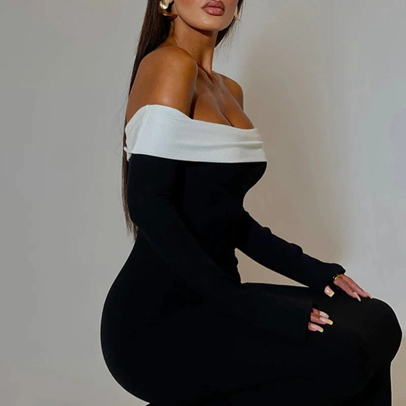 antmvs-Women Slash Neck Draped Knitting Pullover Dress Spring Off Shoulder Patchwork Long Dress Autumn Sexy Backless Hollow Party Dress