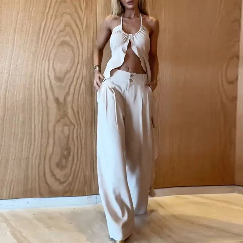 antmvs- Spring Summer Hollow Ruffle Suits Sexy U-neck Backless Lace-up Top and Button Pants Outfits Women Sleeveless Two Piece Sets